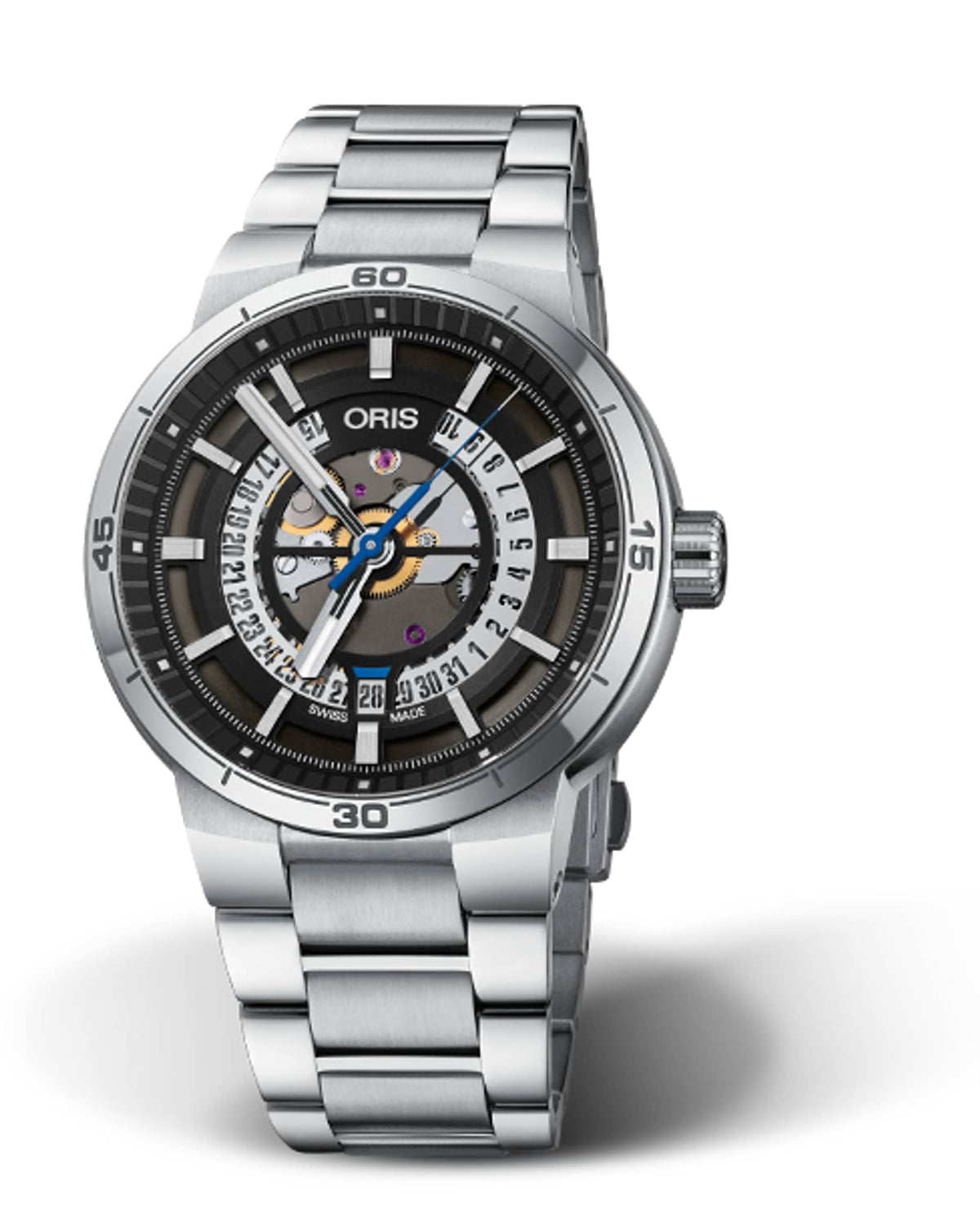 Oris TT1 Engine Date Skeleton Uomo 42 mm Acciaio Quadrante Scheletrato Nero Vetro Zaffiro Calibro 733 Automatico Bracciale Acciaio Data 10 ATM Swiss Made Ref. 01 733 7752 4124-07 8 24 08 Oasi Watch