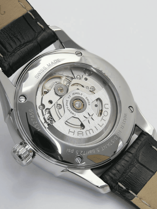 Orologio Hamilton con fondello trasparente e movimento automatico, cinturino pelle nera