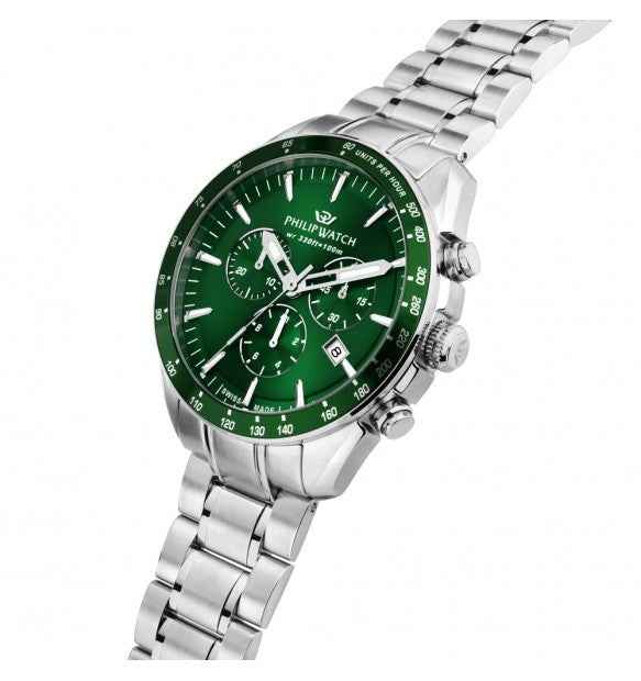 Orologio cronografo uomo con quadrante verde e bracciale in acciaio