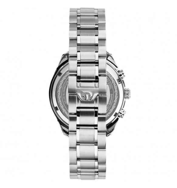 Orologio: fondello in acciaio con incisioni e bracciale a maglie