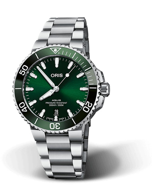 Oris Aquis Date Uomo Swiss Made 43,5 mm Quadrante Verde Acciaio Bracciale Acciaio Vetro Zaffiro Antiriflesso Automatico Calibro 733-1 Data Riserva 41 Ore Diver 300m Ref. 01 733 7789 4157-07 8 23 04PEB MDR