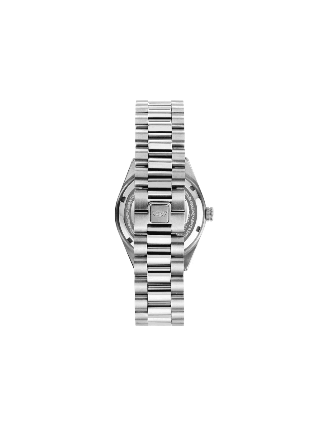 Orologio automatico con cassa in acciaio e bracciale, vista posteriore