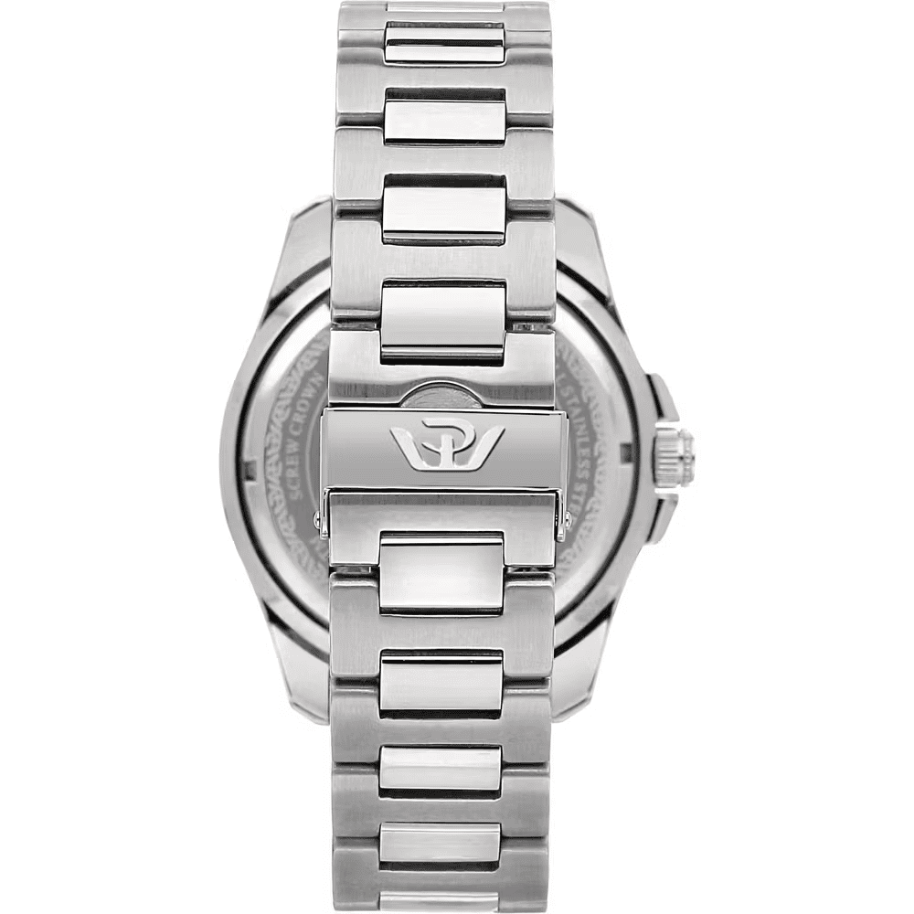 Orologio in acciaio con bracciale a maglie e corona laterale, vista posteriore