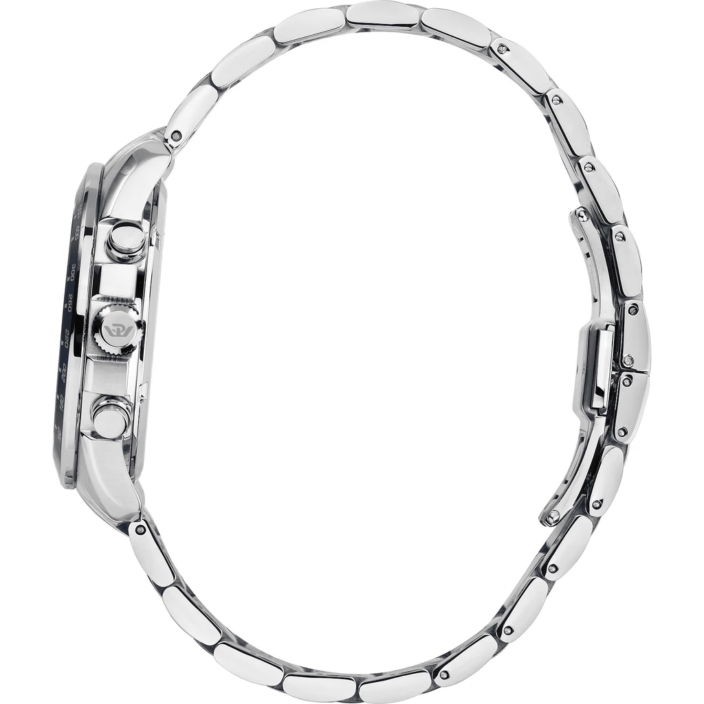 Orologio con bracciale in acciaio argentato e pulsanti laterali