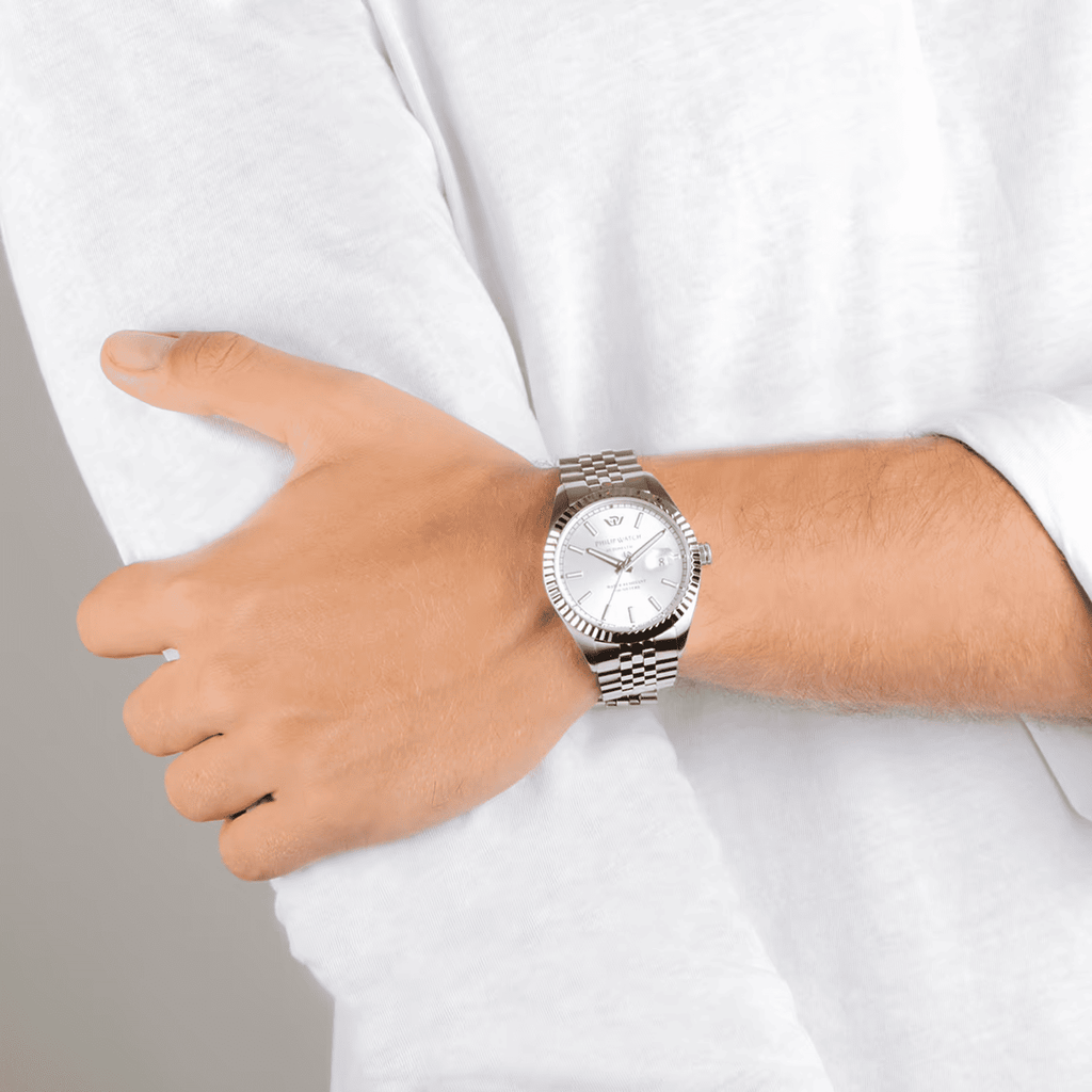 Orologio automatico argento con bracciale maglie e quadrante tondo con data