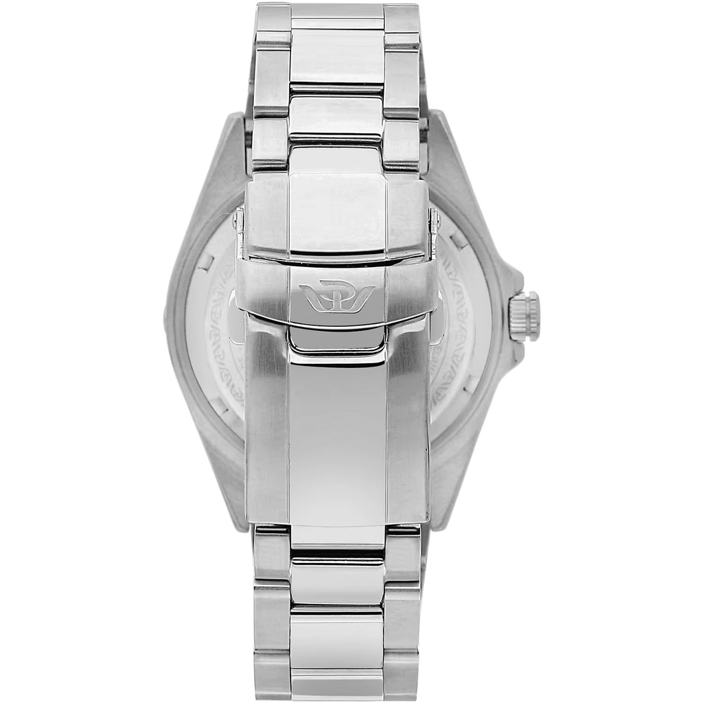 Orologio con bracciale metallico argento e fibbia, fondello visibile