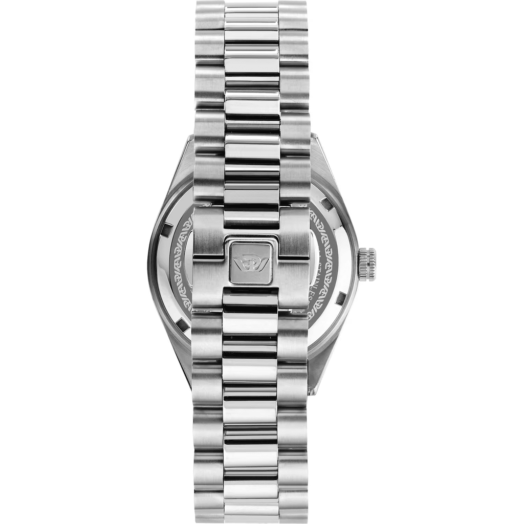 Orologio automatico lato con corona e bracciale d’acciaio a maglie