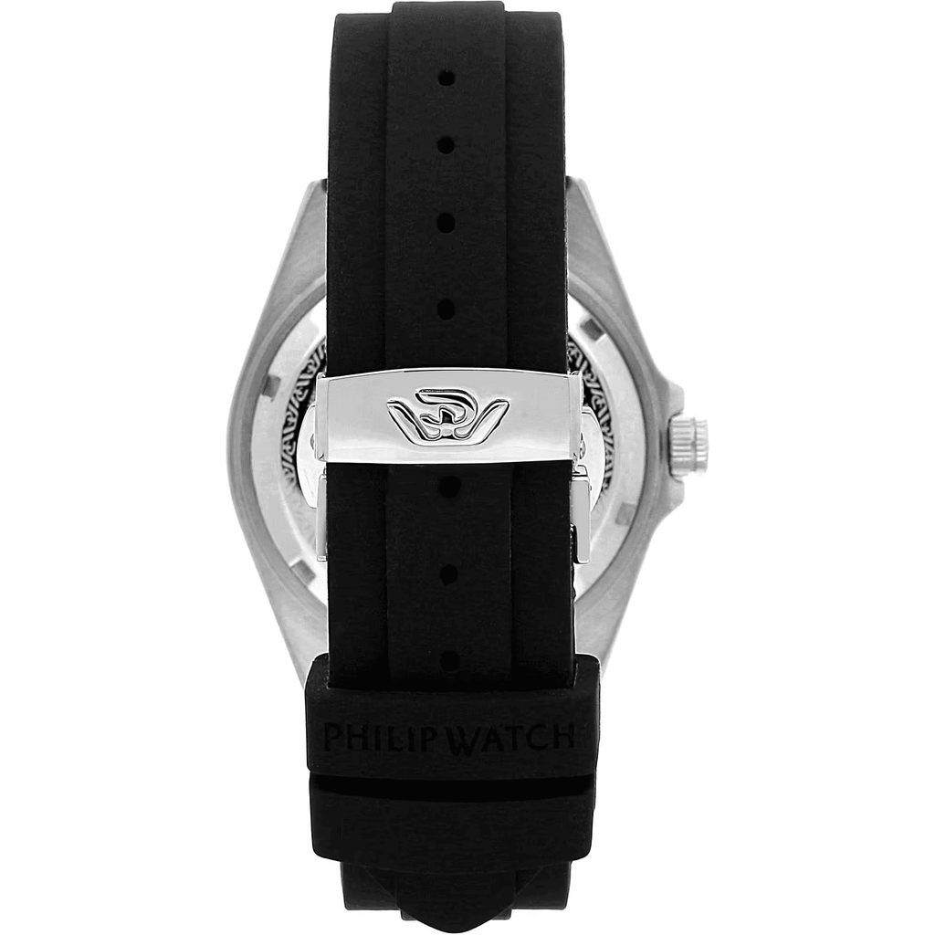 Orologio con cinturino in silicone nero e fibbia argentata con logo, quadrante parzialmente visibile