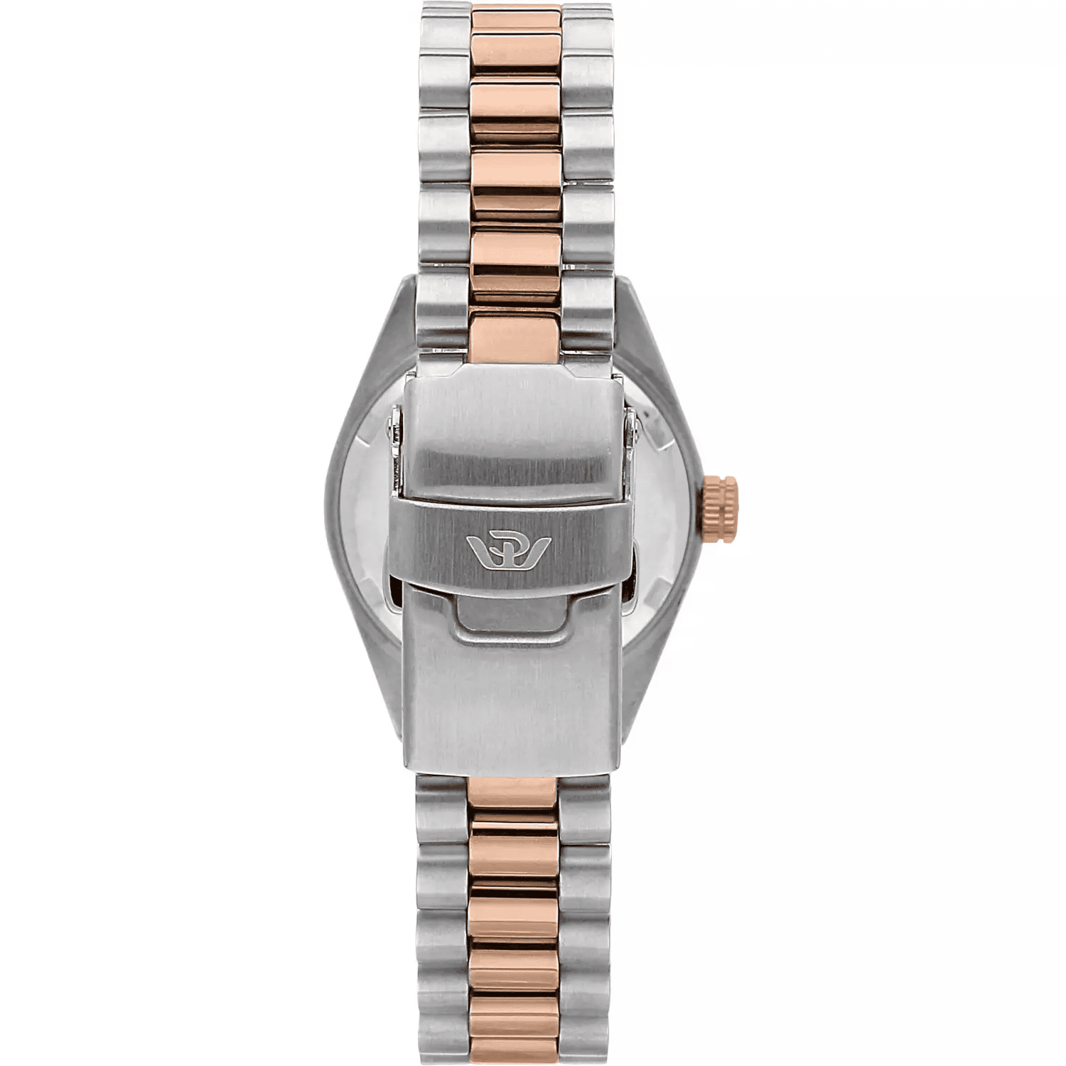 Orologio donna acciaio e oro rosa con fibbia e maglie bicolori, vista dal retro.