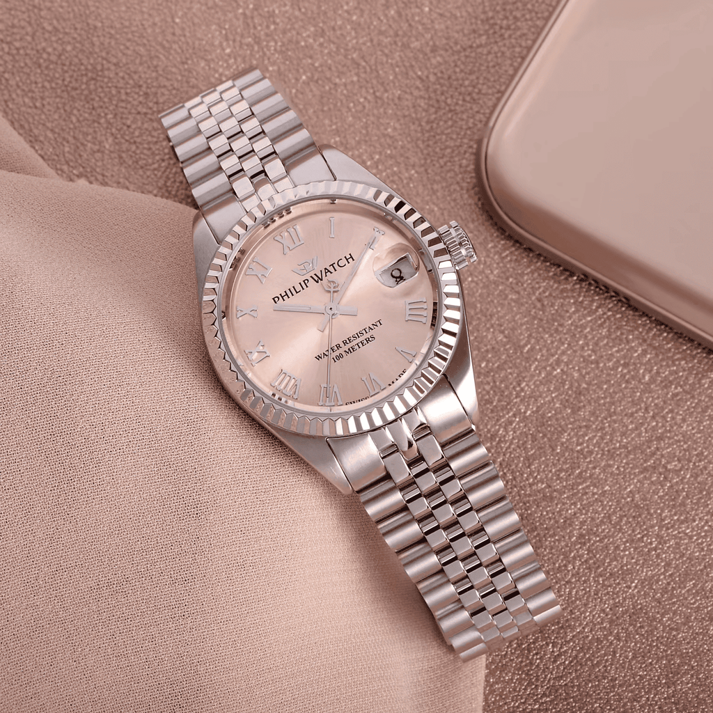 Orologio da polso donna con bracciale a maglie in acciaio silver e quadrante rosa