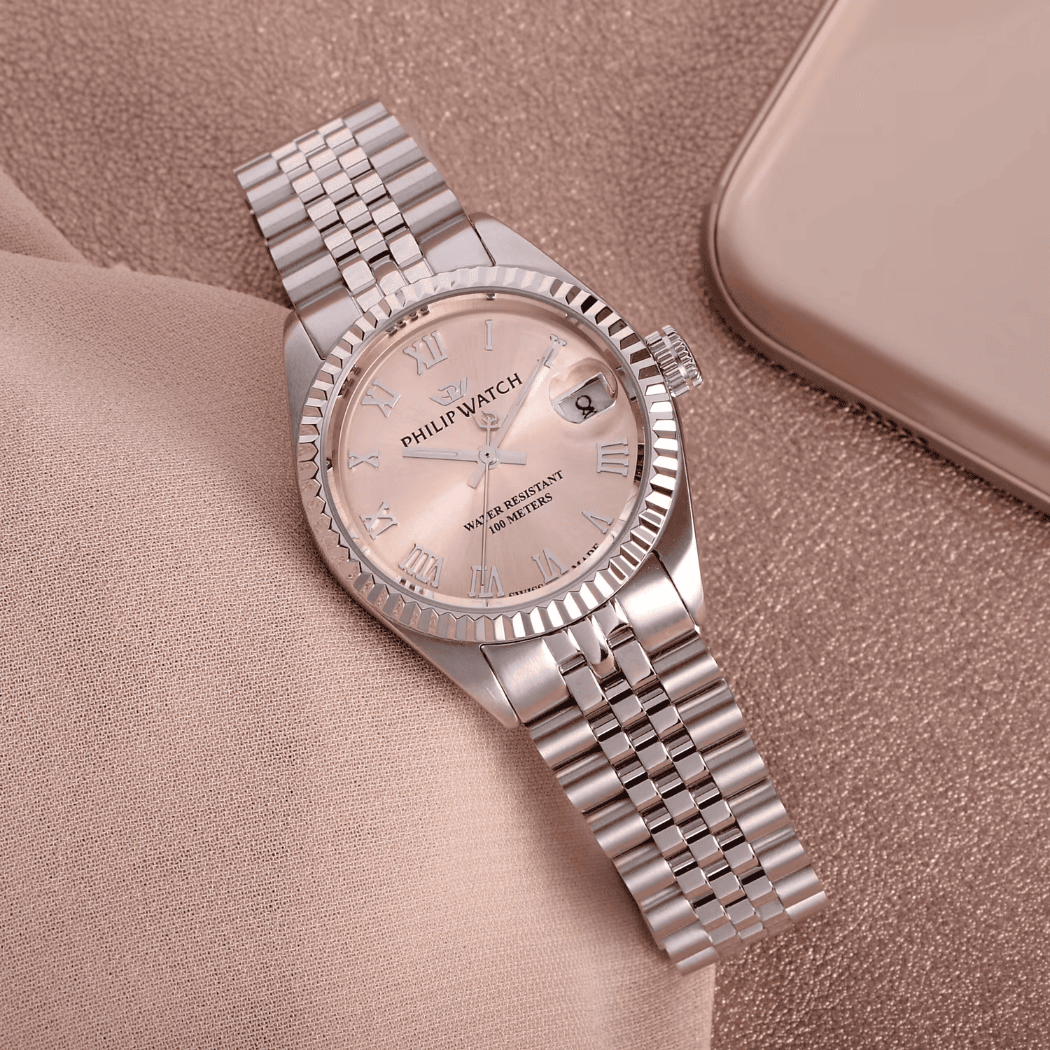 Orologio da polso donna con bracciale a maglie in acciaio silver e quadrante rosa