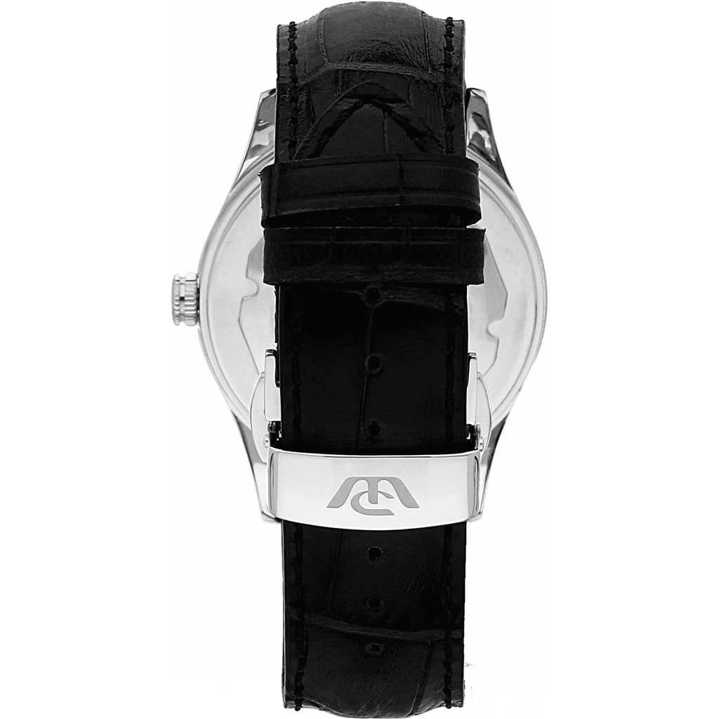 Orologio automatico con cinturino nero in pelle e cassa argento lucida