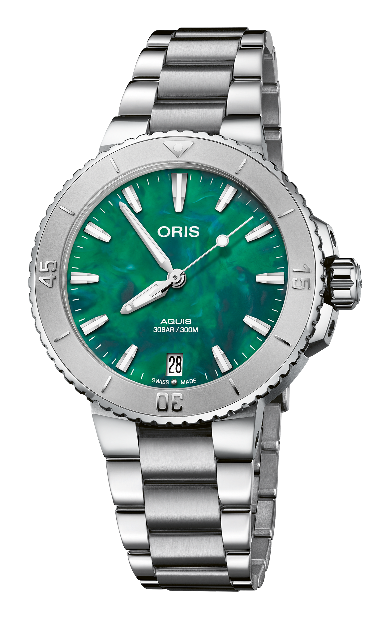 Oris Aquis Date X Bracenet Uomo Unisex Swiss Made 36,5 mm Quadrante Verde Riciclato Acciaio Bracciale Acciaio Vetro Zaffiro Antiriflesso Automatico Calibro 733-1 Data Riserva 41 Ore Diver 300m Ref. 01 733 7770 4137-07 8 18 05P Full Set Oasi Watch