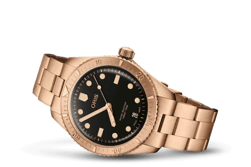 Orologio subacqueo Oris: quadrante nero, cassa bronzo e bracciale a maglie
