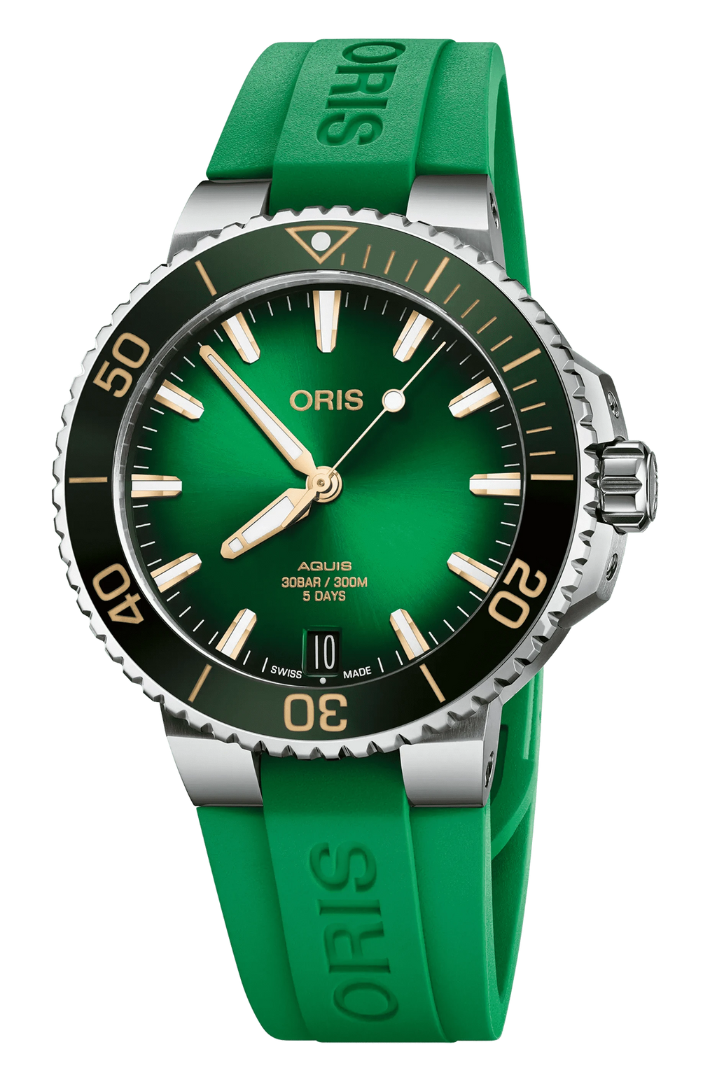 Orologio Oris Aquis con quadrante verde, cassa acciaio e cinturino verde in caucciù