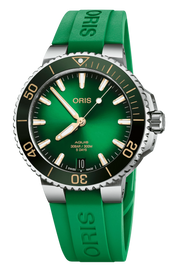 Orologio Oris Aquis con quadrante verde, cassa acciaio e cinturino verde in caucciù