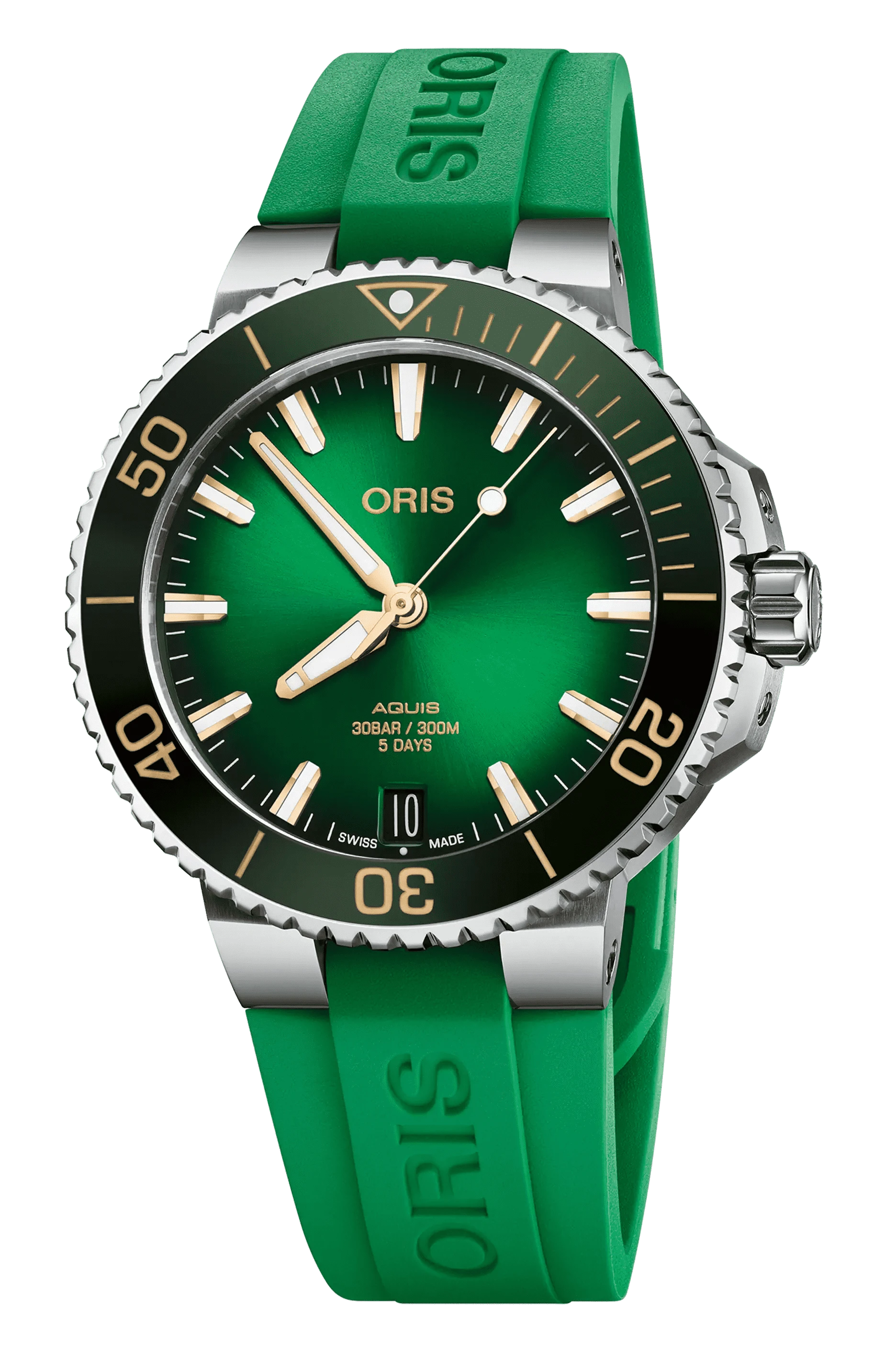 Orologio Oris Aquis con quadrante verde, cassa acciaio e cinturino verde in caucciù