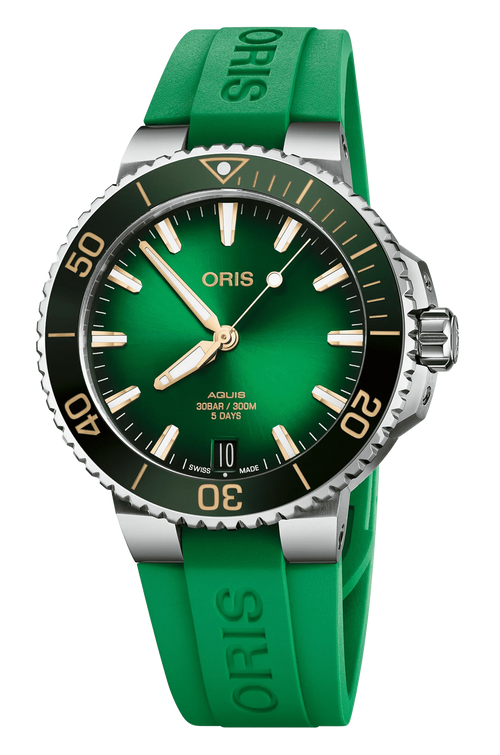 Orologio Oris Aquis con quadrante verde, cassa acciaio e cinturino verde in caucciù