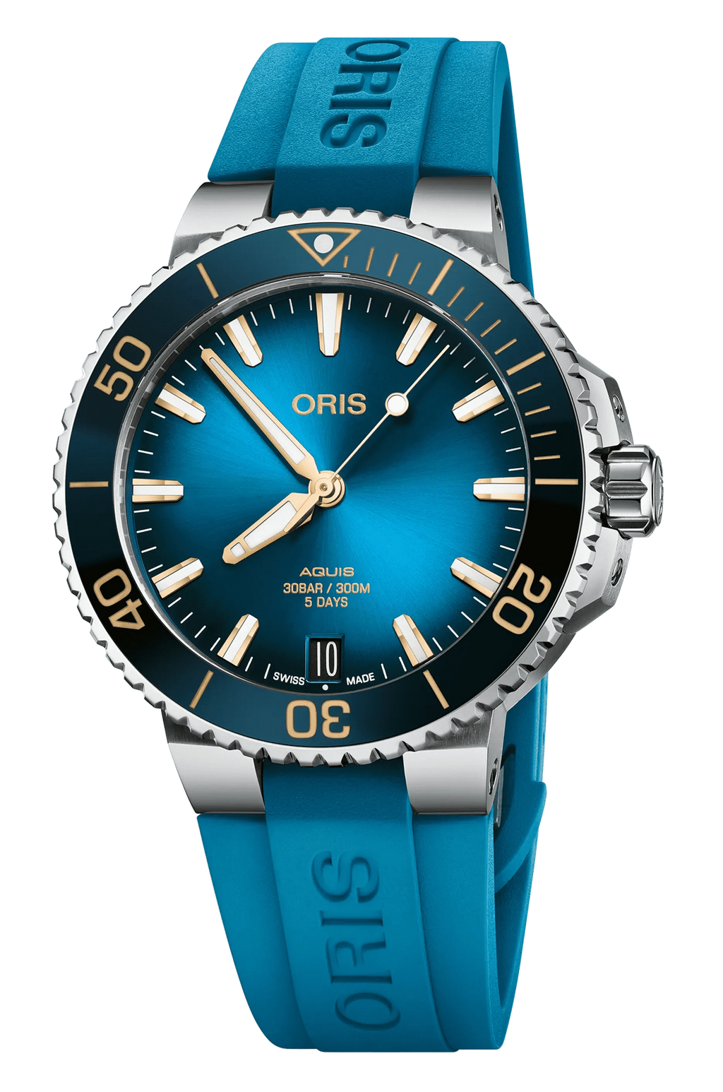 Orologio subacqueo Oris Aquis con cinturino blu e quadrante blu frontale