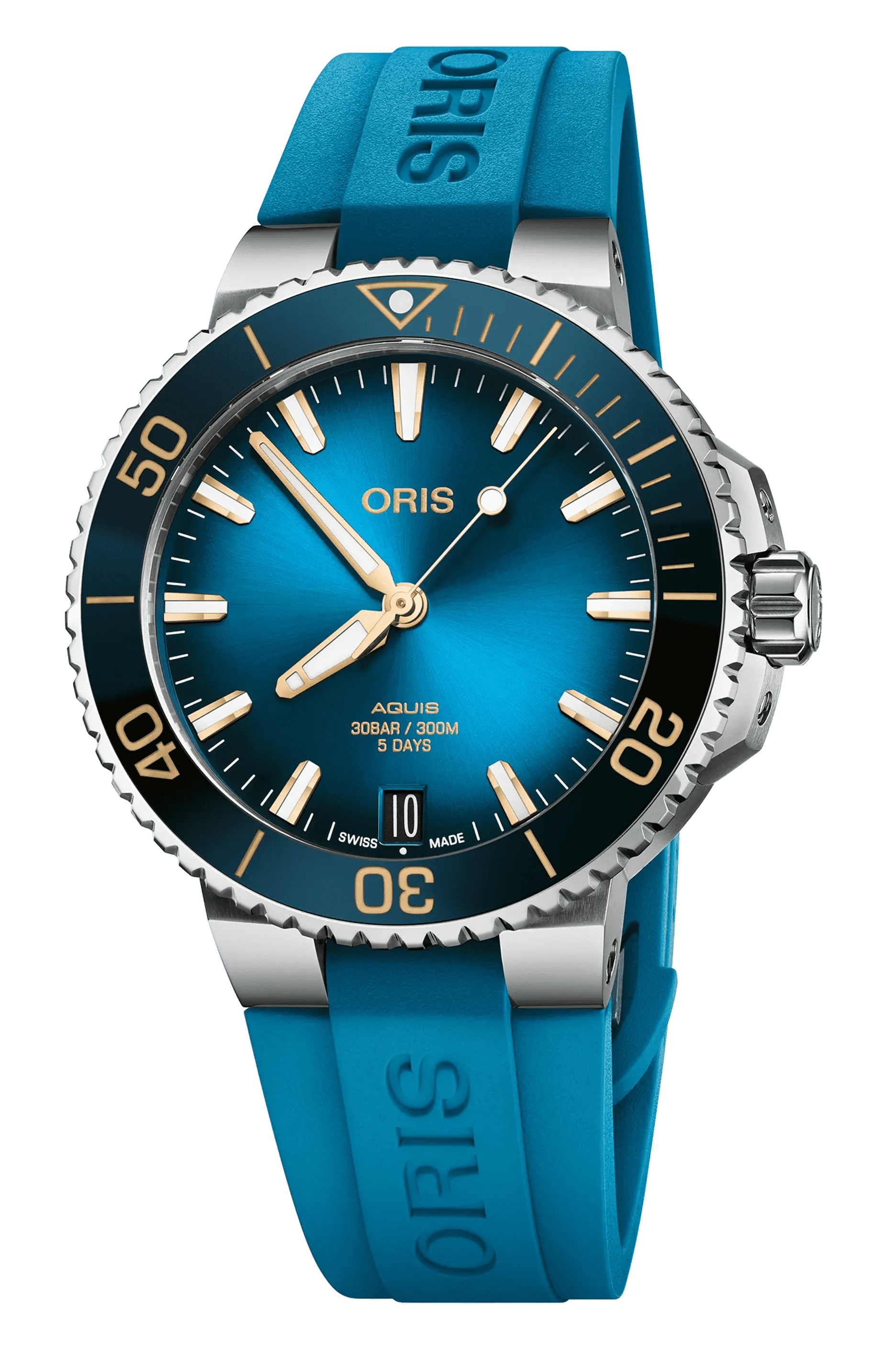 Orologio subacqueo Oris Aquis con cinturino blu e quadrante blu frontale