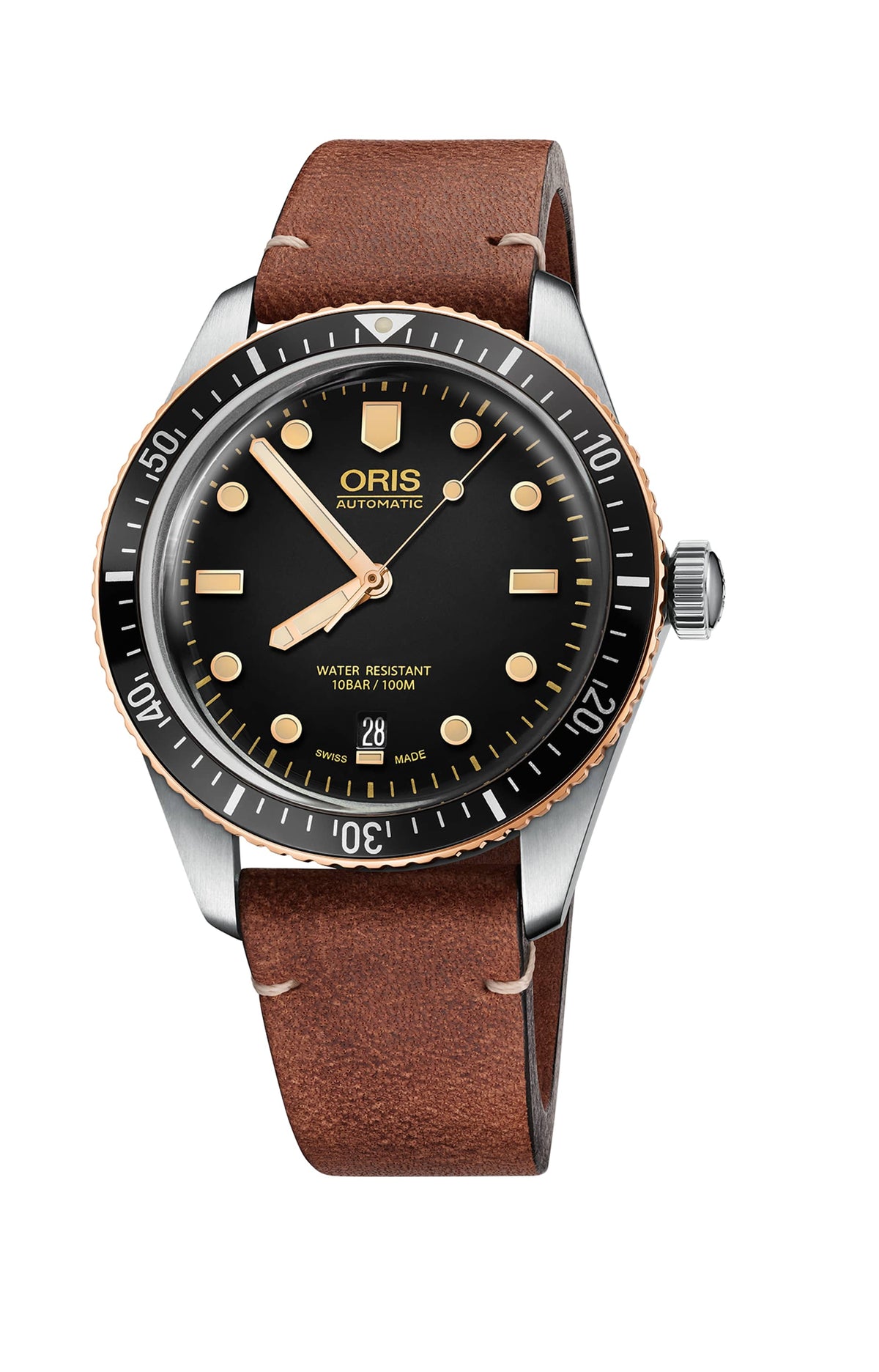 Oris Divers Sixty-Five Uomo 40mm Cassa Acciaio e Bronzo Quadrante Nero Automatico Calibro 733 Vetro Zaffiro Lunetta Diver Cinturino Pelle Data Super-LumiNova 100m Swiss Made Ref. 01 733 7707 4354-07 5 20 45 Oasi Watch