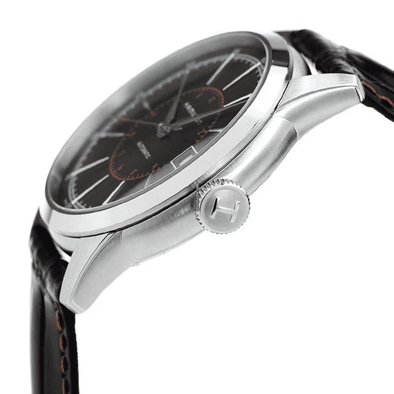 Orologio automatico con corona, quadrante nero, cinturino in pelle nera e cassa in acciaio