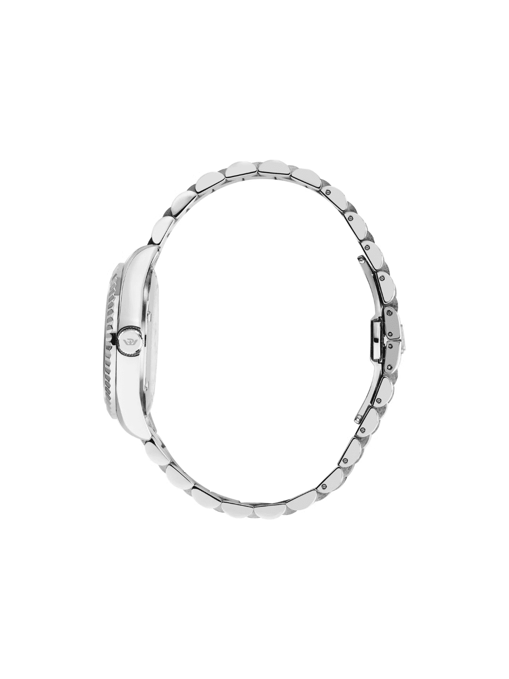 Orologio automatico in acciaio con bracciale a maglie, vista laterale della cassa
