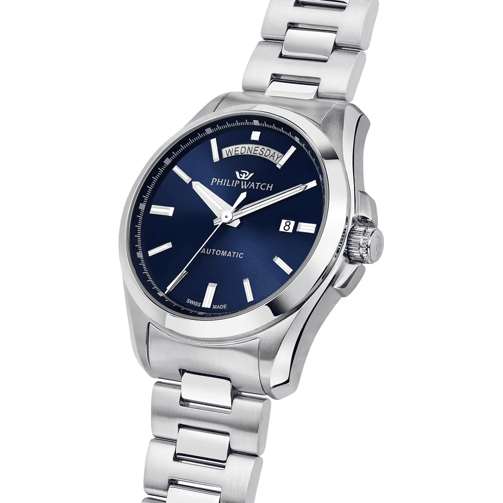 Orologio automatico con quadrante blu e finestra data, bracciale in acciaio lucido