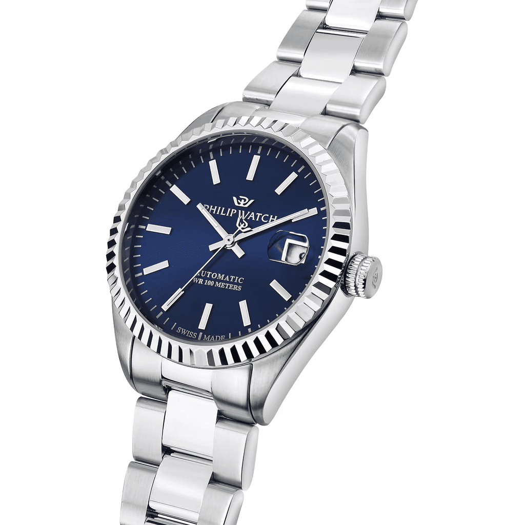 Orologio automatico Philip Watch con quadrante blu, ghiera zigrinata e bracciale in acciaio