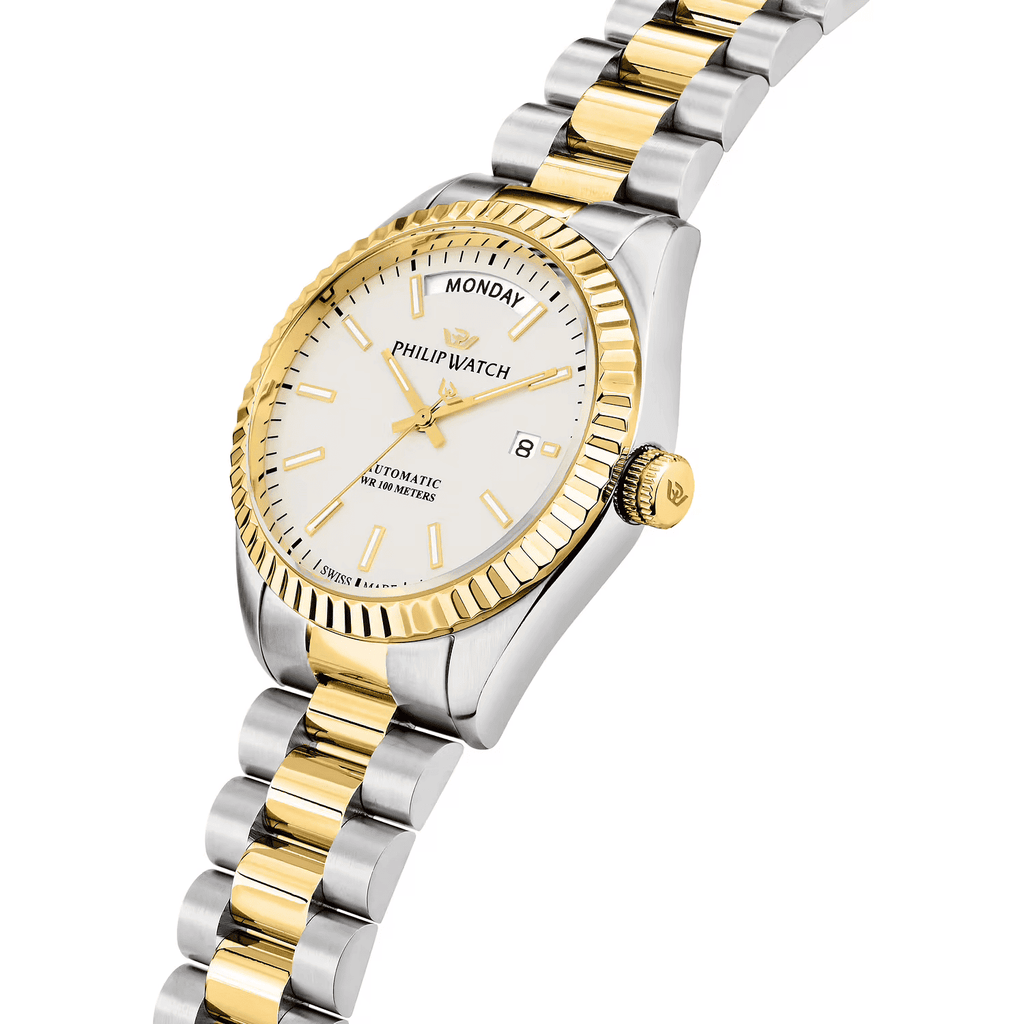 Philip Watch Orologio automatico con quadrante chiaro, cassa bicolore oro e acciaio, 39 mm