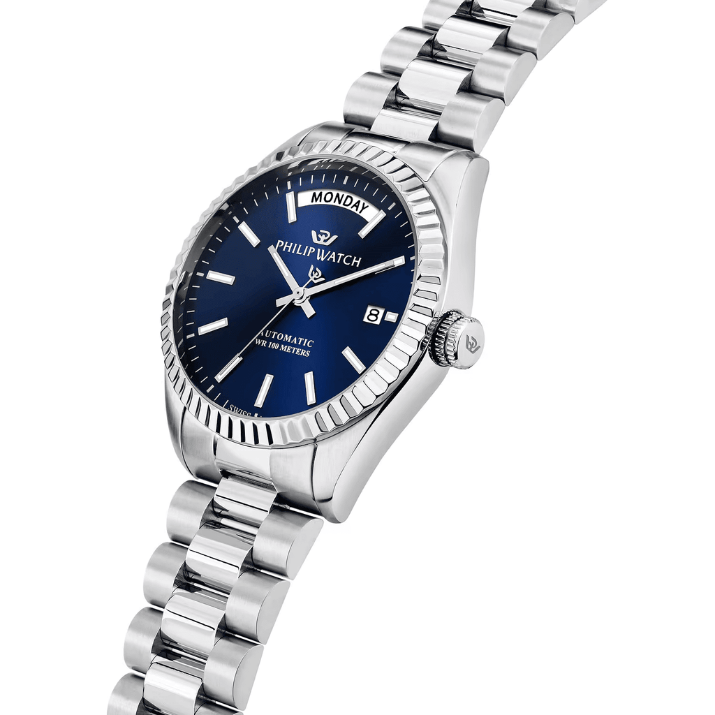 Orologio automatico in acciaio con quadrante blu e corona a ore 3