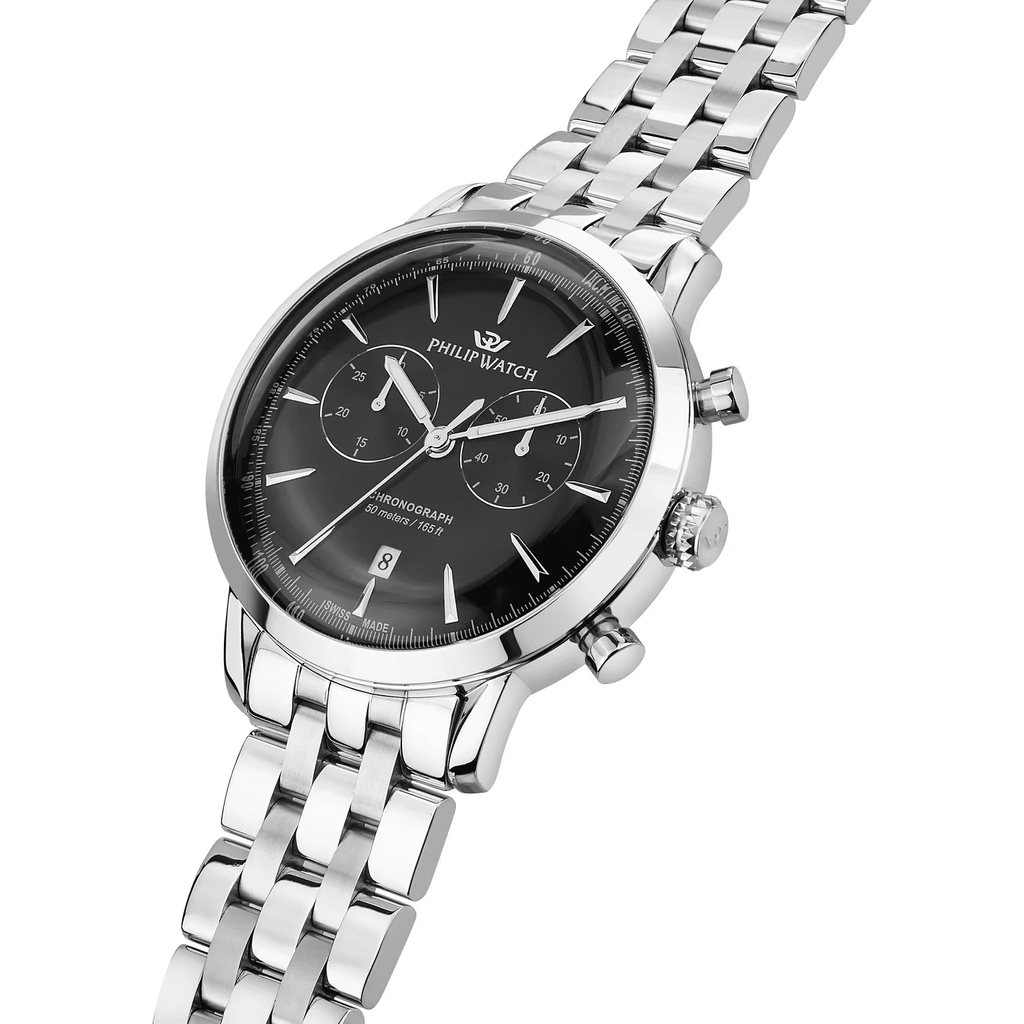 Orologio cronografo con quadrante nero, cassa e bracciale in acciaio silver