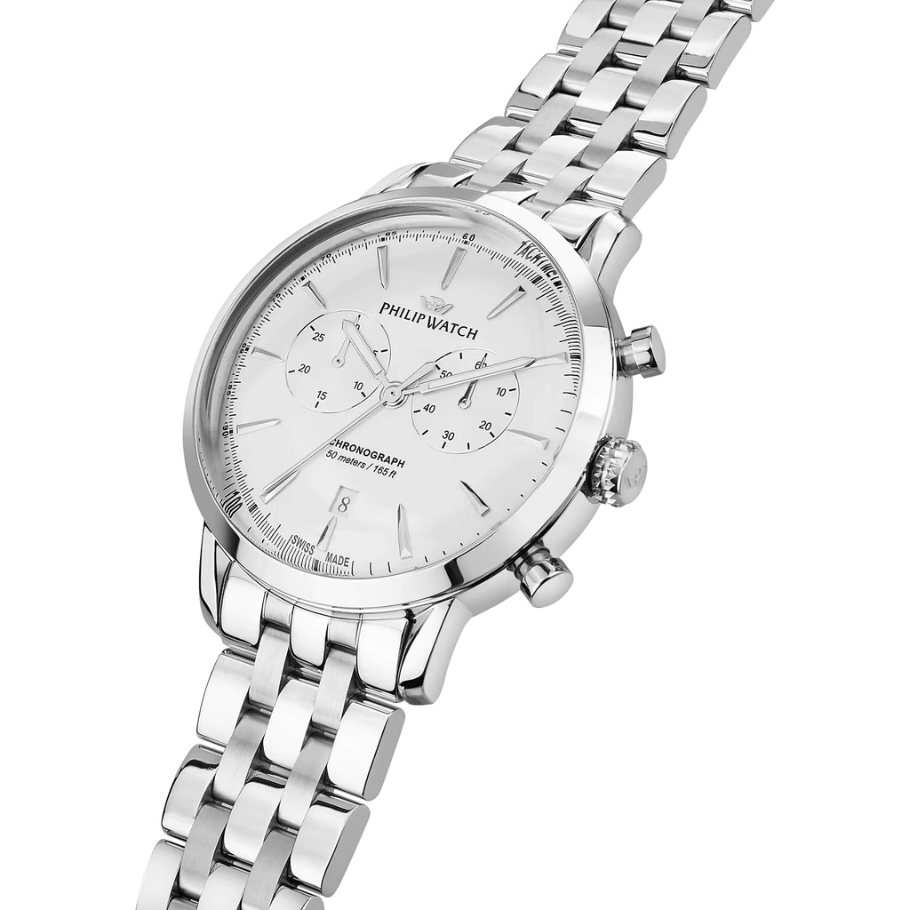 Orologio cronografo in acciaio argento, quadrante argento con contatori, corona laterale