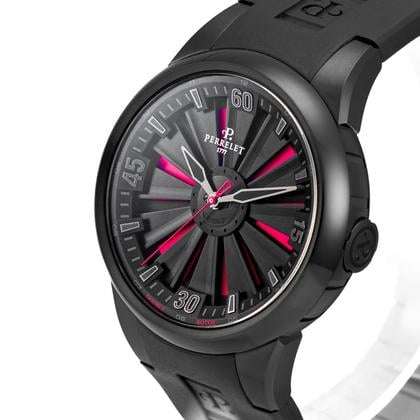 Orologio nero con quadrante blu scuro e turbine radiali rosse, indici bianchi