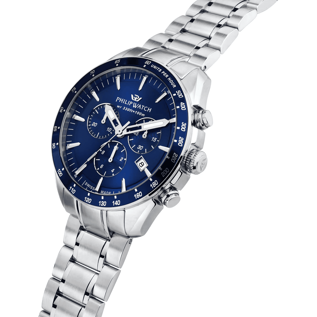 Orologio cronografo da uomo con quadrante blu, bracciale acciaio e vetro zaffiro
