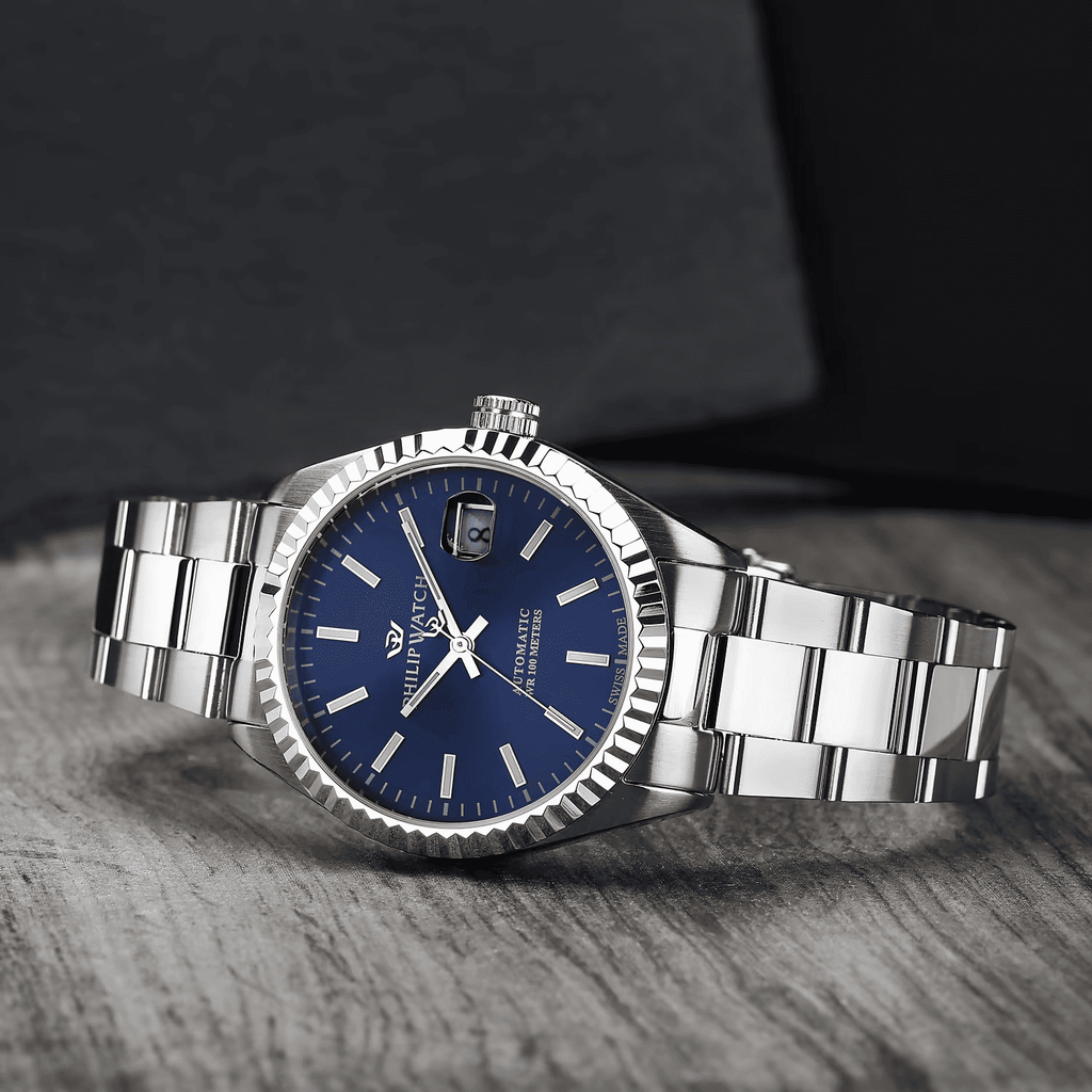 Orologio automatico Philip Watch con quadrante blu e bracciale in acciaio, ghiera zigrinata