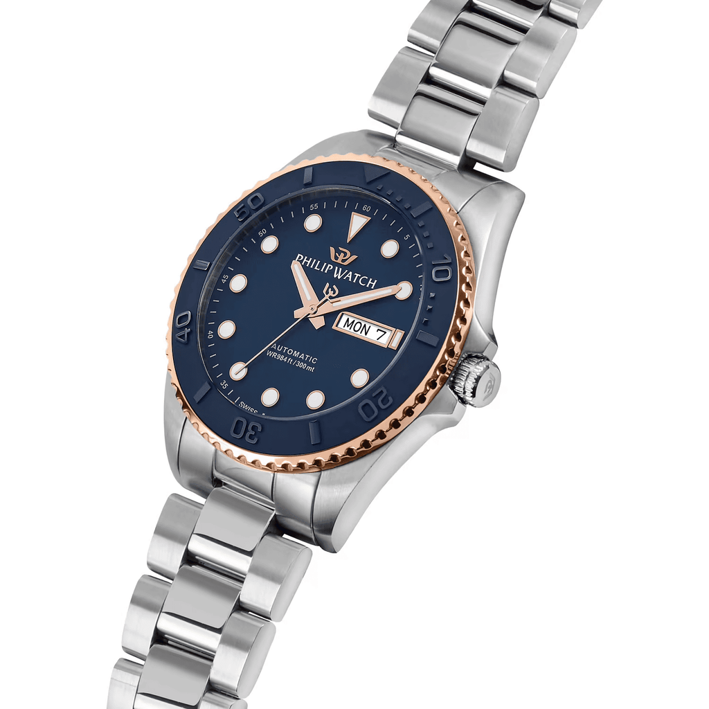 Orologio subacqueo blu con ghiera bronzo e cinturino in acciaio, datario MON 7