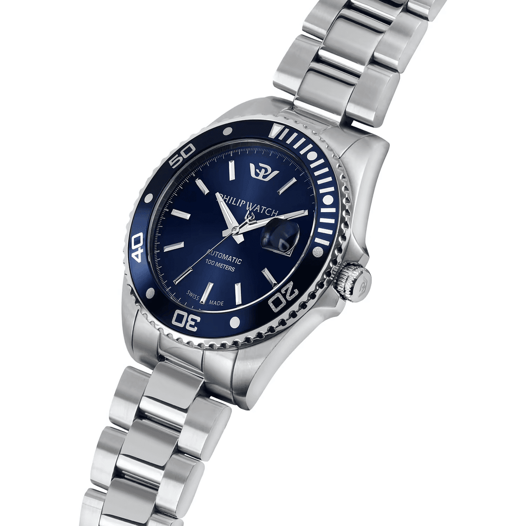 Orologio automatico in acciaio con quadrante blu e datario a ore 3, bracciale a maglie