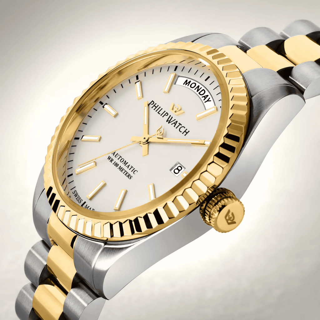 Philip Watch Orologio automatico: quadrante chiaro con indici e lancette oro, ghiera oro zigrinata