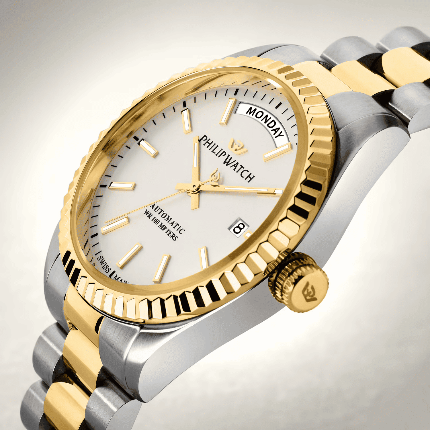 Philip Watch Orologio automatico: quadrante chiaro con indici e lancette oro, ghiera oro zigrinata