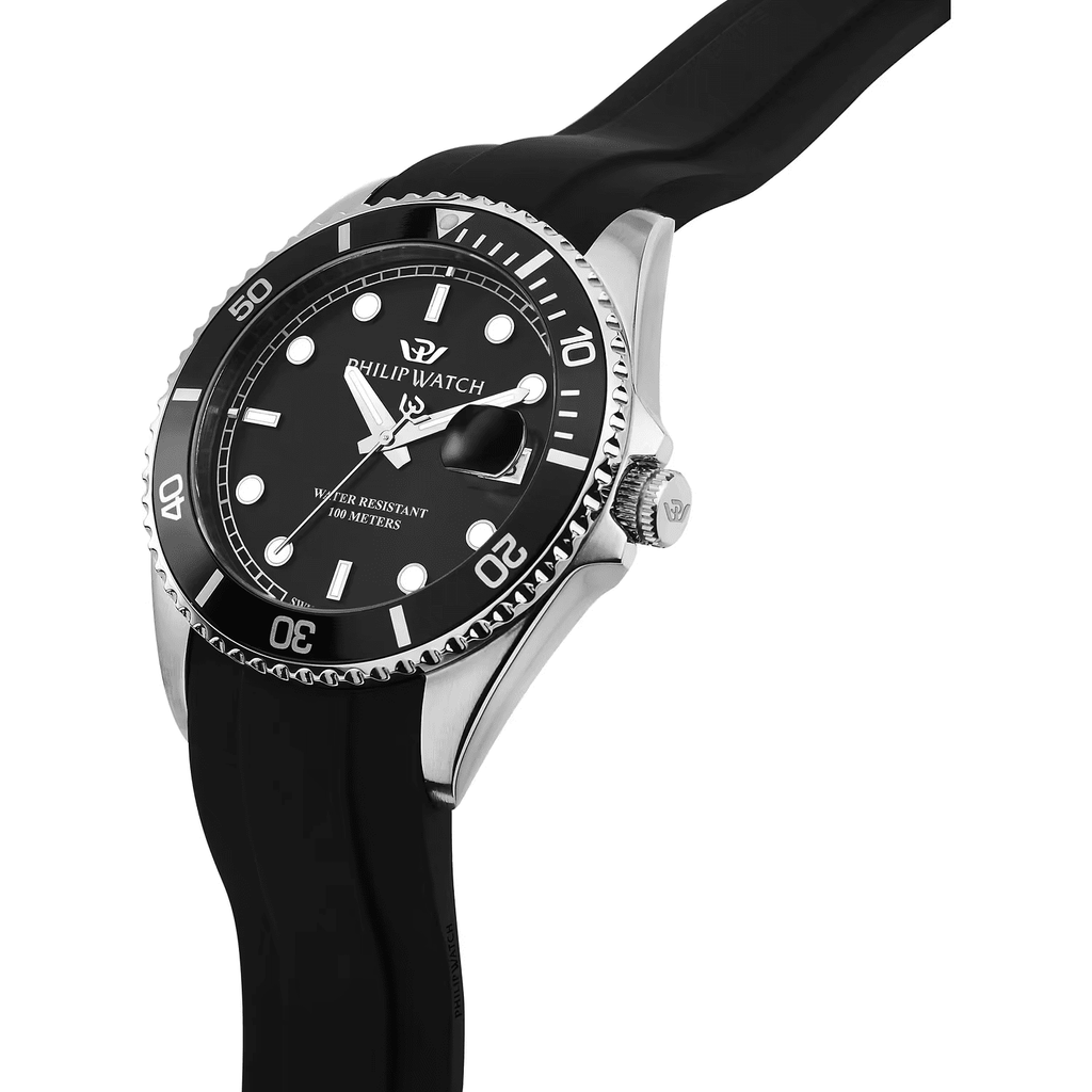 Orologio subacqueo Philip Watch con quadrante nero, cassa acciaio e cinturino silicone nero
