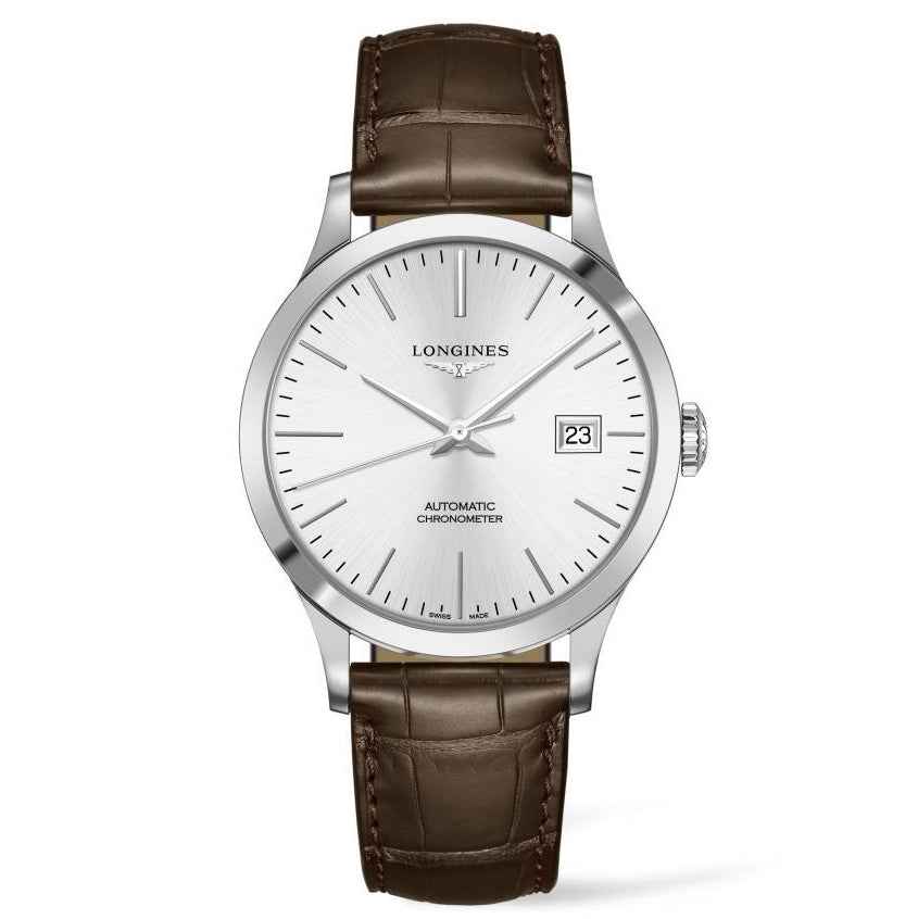 Orologio Longines Record 40 mm: cassa argento, quadrante bianco, cinturino pelle marrone, automatico