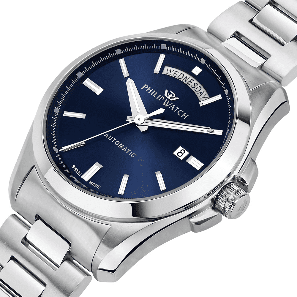 Orologio automatico con quadrante blu, indicazione giorno e data e cinturino in acciaio