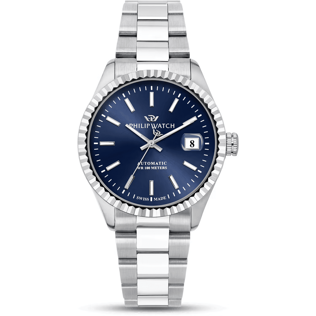 Orologio automatico Philip Watch con quadrante blu, finestra data e bracciale in acciaio