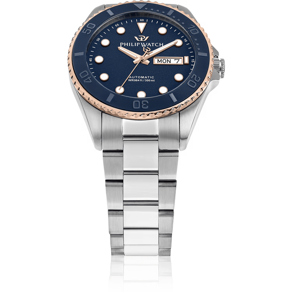 Orologio subacqueo blu con cinturino in acciaio e ghiera bronzo, datario MON 7