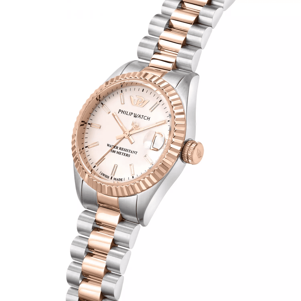 Orologio da polso donna bicolore acciaio e oro rosa, quadrante chiaro.