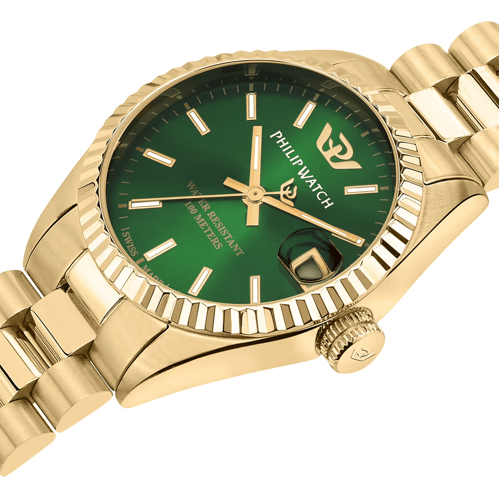 Orologio Philip Watch Gold con quadrante verde e indici in metallo, corona a ore 3