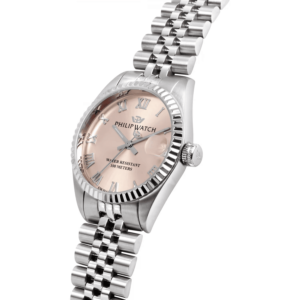 Orologio da polso donna in acciaio silver con quadrante rosa sunray e numeri romani