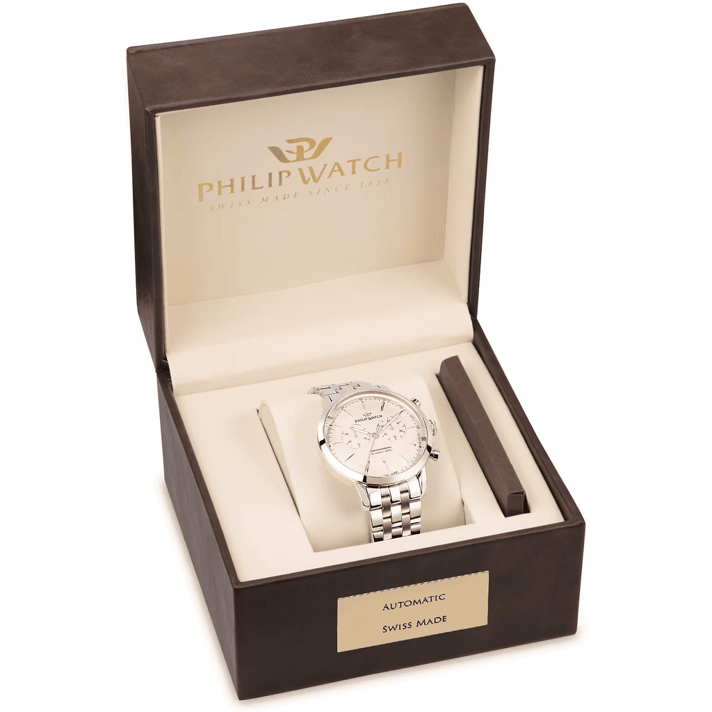 Orologio da polso cronografo in acciaio argento, quadrante argento, bracciale maglie