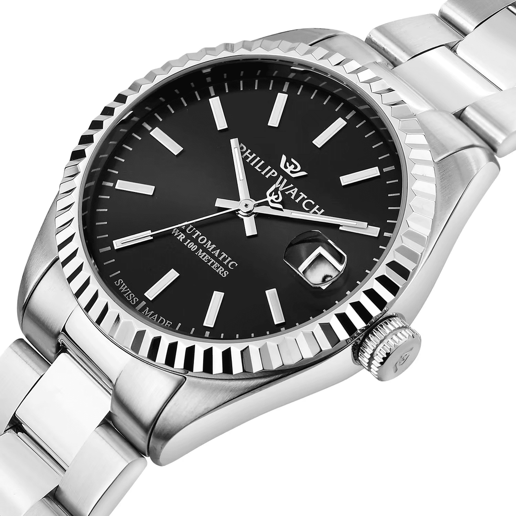 Orologio automatico con quadrante nero e bracciale in acciaio, cassa 39 mm